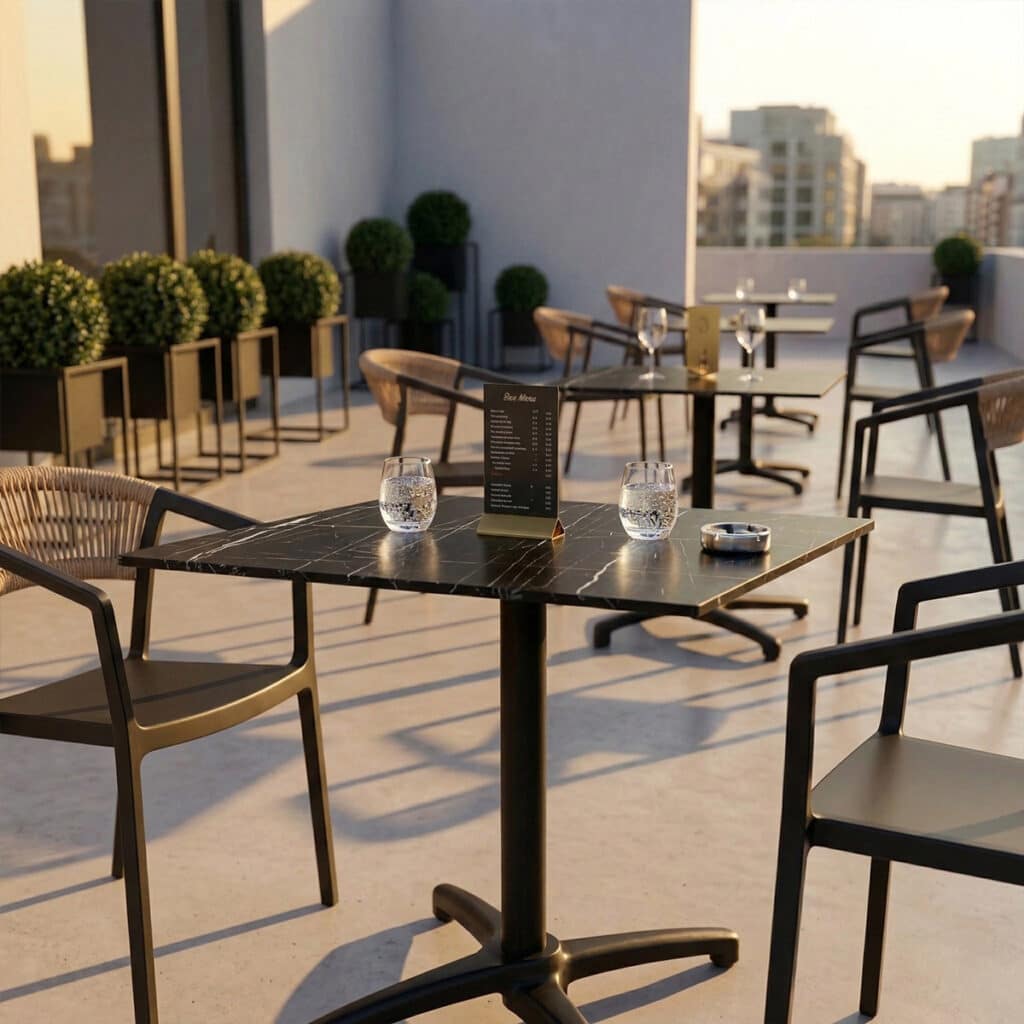 Detalle tablero HPL efecto mármol negro exterior hostelería