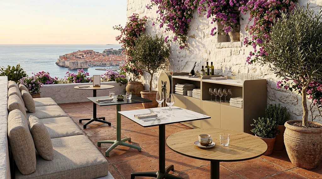 Mesas de exterior para hostelería - Gama Temple HPL y Aluminio