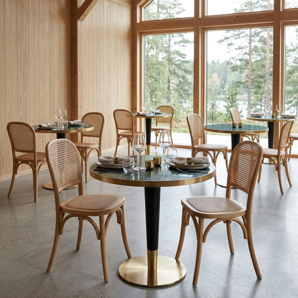 Mesa Vilde Verde montada en ambiente de restaurante
