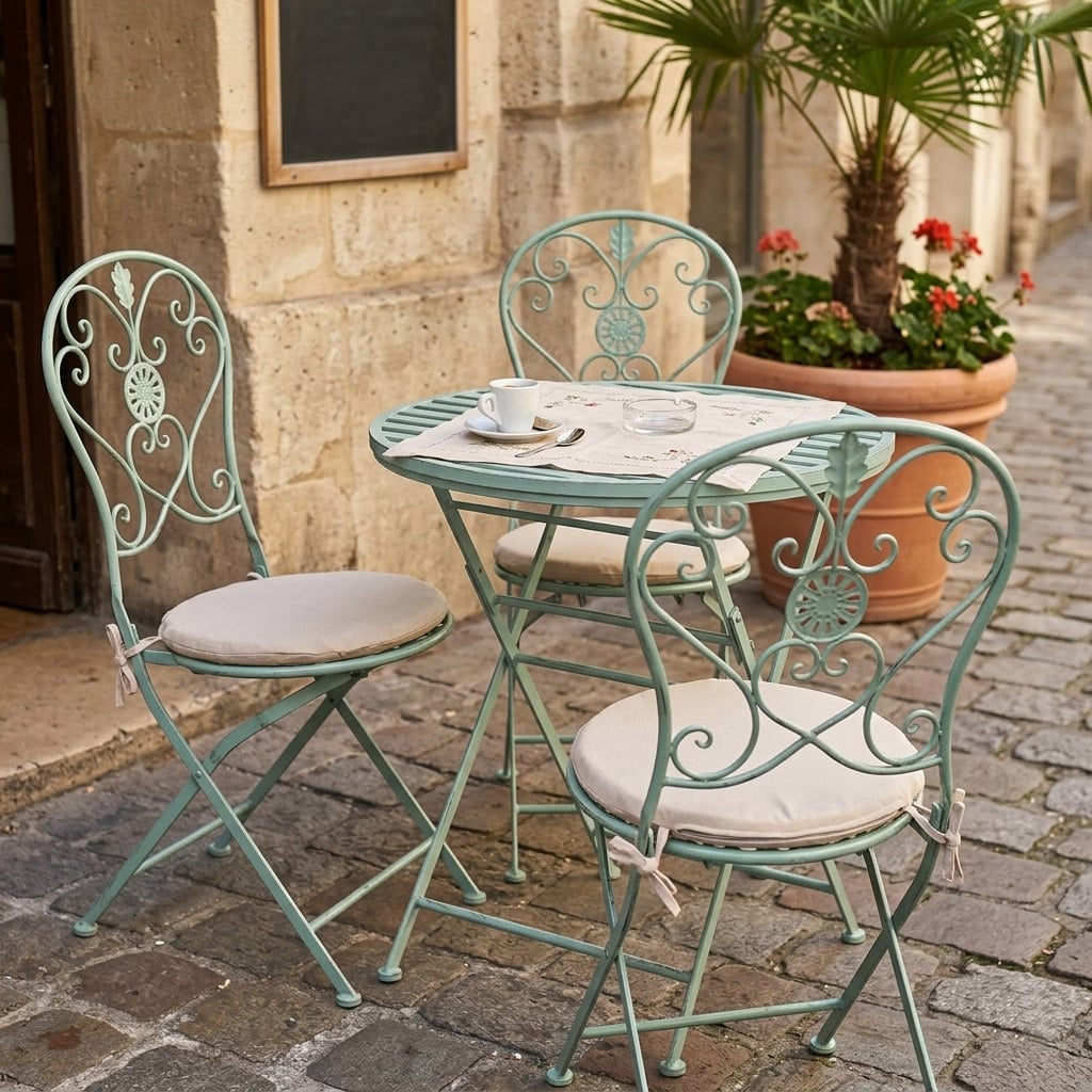 Silla Britania verde de hierro forjado con cojín blanco