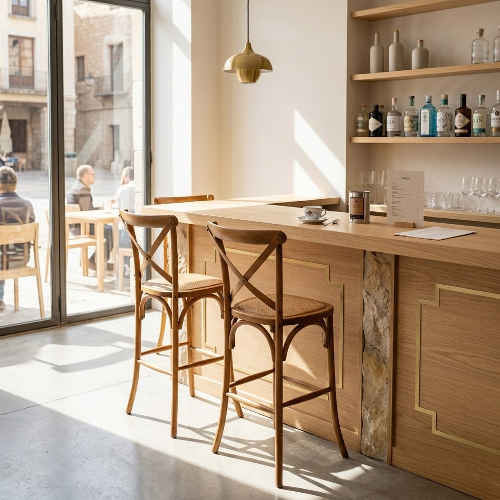 Taburete Crossback marrón de madera de olmo en barra de bar