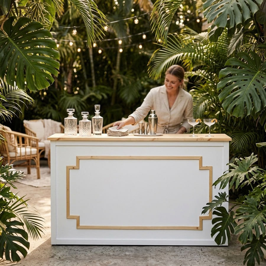 Barra Cooler blanca de madera de pino en evento al aire libre