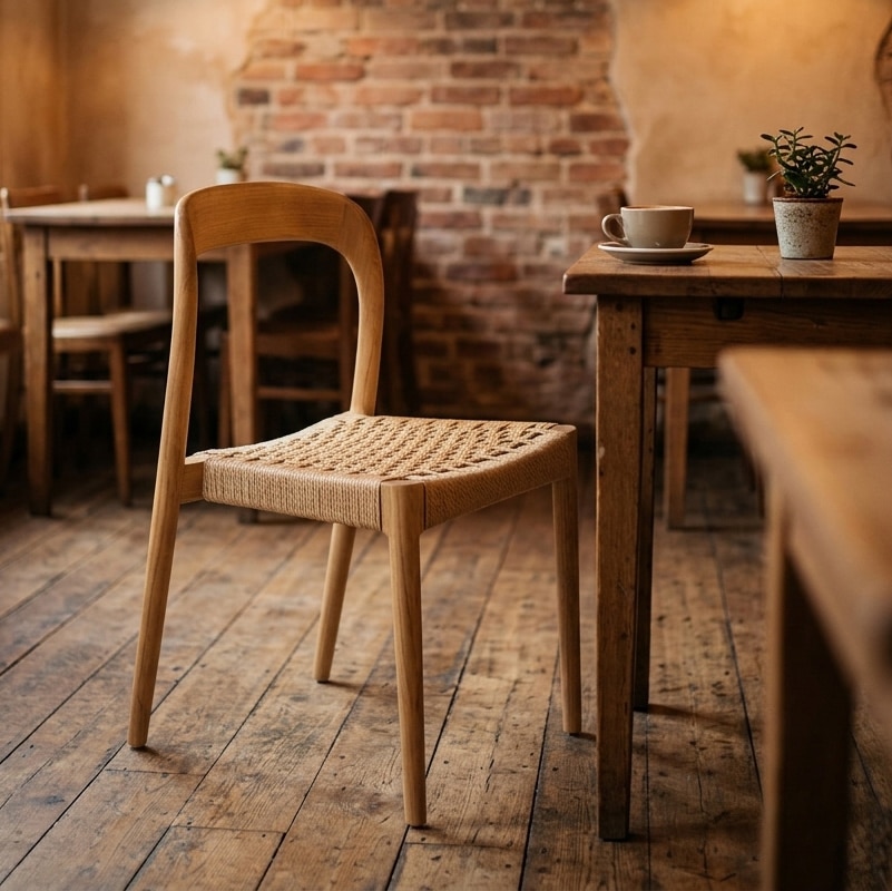 Silla Prisa natural de madera de olmo y cuerda en restaurante