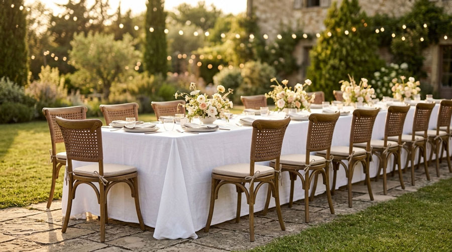 Mesa de celebración al aire libre con sillas de madera para eventos