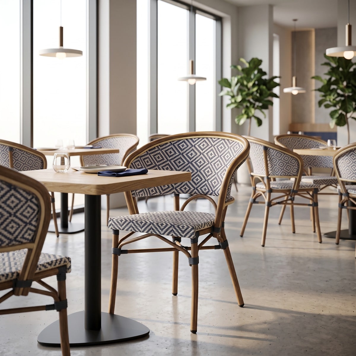 Sillones bistró Niza en azul y blanco con mesas de madera en un restaurante